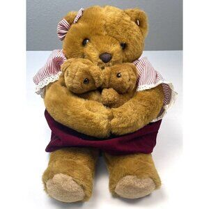 VTG 1984 LOVE LAND 17" Brown Plush Stuffed TEDDY BEAR w/ 2 Babies & Dress *Read*
